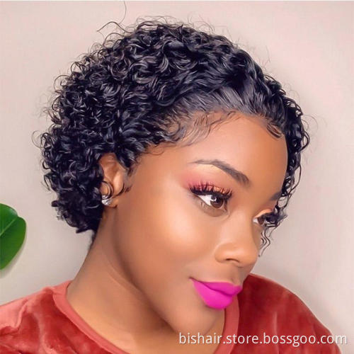 Short Jerry Curl Wigs For Black Women Cheap Pixie Cut Short Human Hair Wigs Non Lace Wig Machine Made Black Color Brazilian Hair